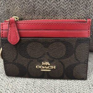 Coach Signature Zip Card Case / ID Holder – Brown & Red – Key Ring